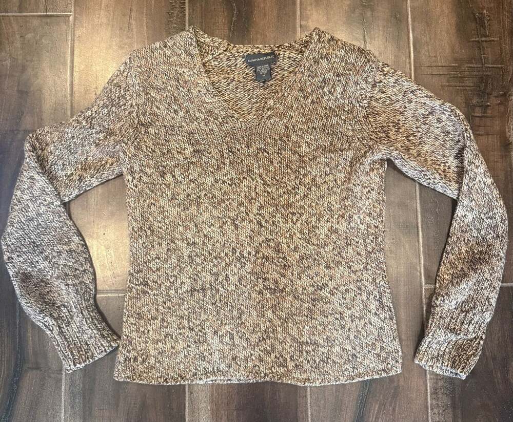 Banana Republic Silk Wool Blend V-Neck Pullover Sweater Brown Heather Medium